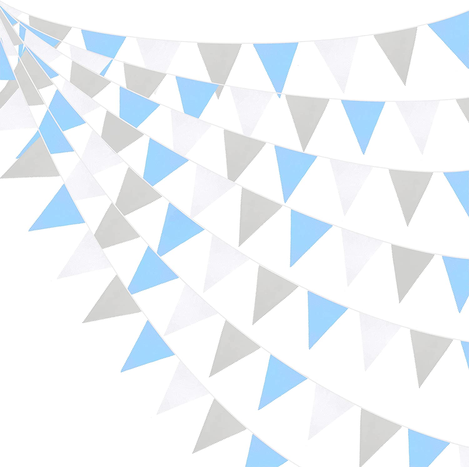 Blue Grey White Pennant Banner Fabric Triangle Flag Bunting Garland for Boys Kids Baby Shower Birthday Anniversary Party