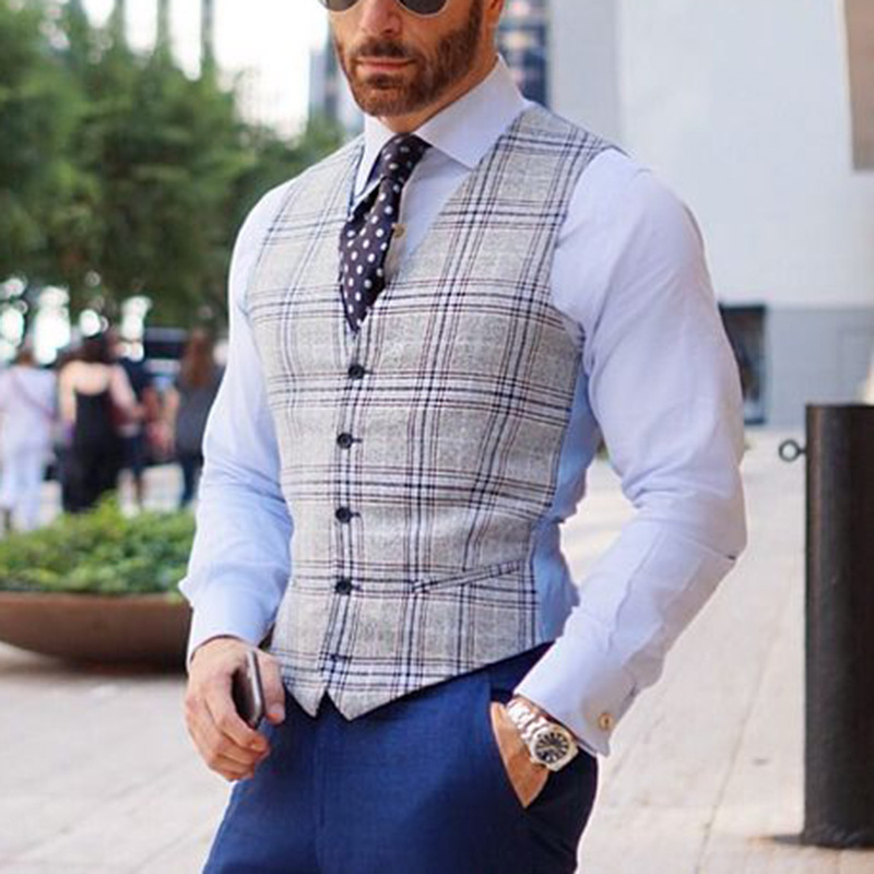 New men's suit vest single breasted casual slim plaid waistcoat