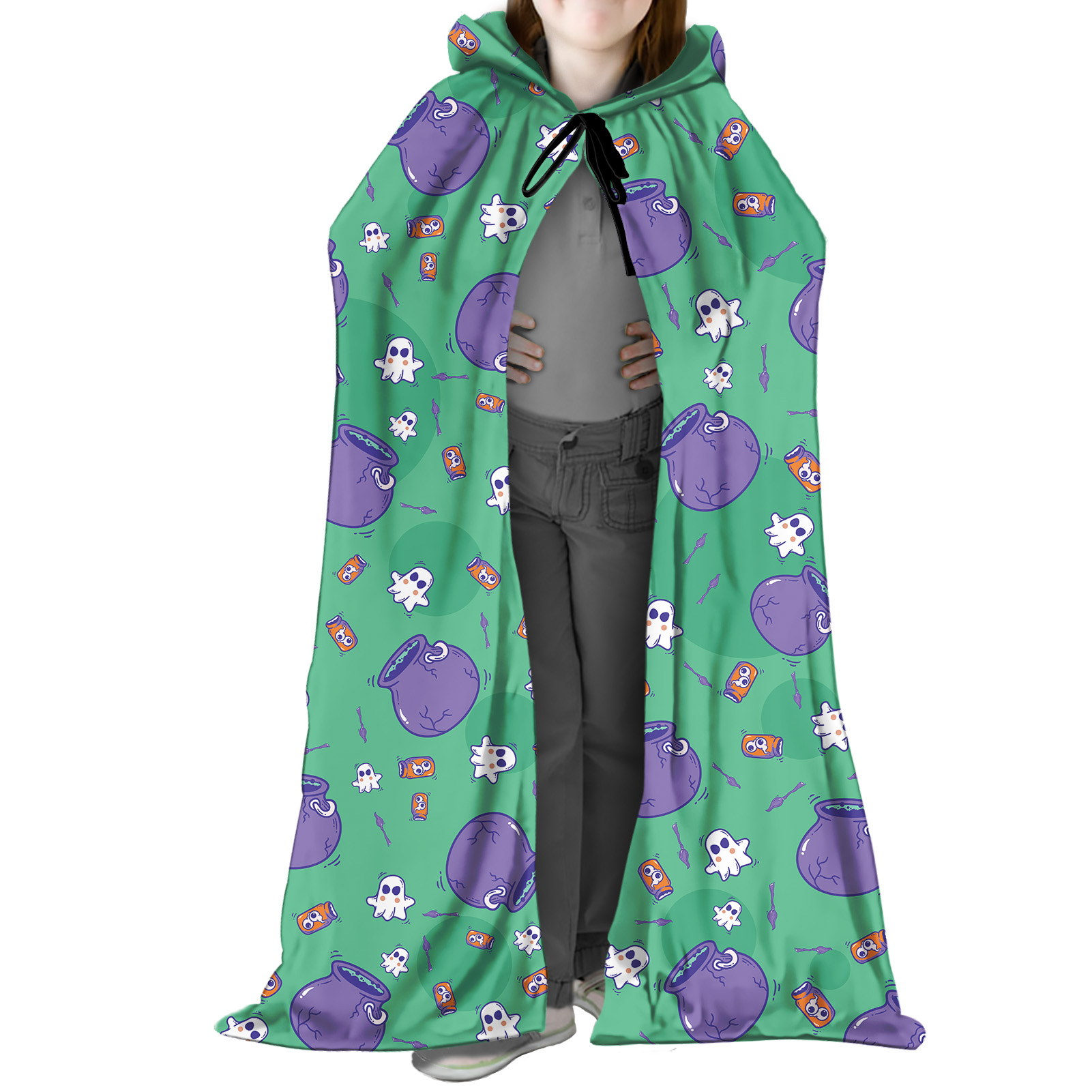 Halloween Costume Kids Cartoon Magic Pot Printed Polyester Customized Cloak With Hood Halloween Cloak Witch Cape for Children