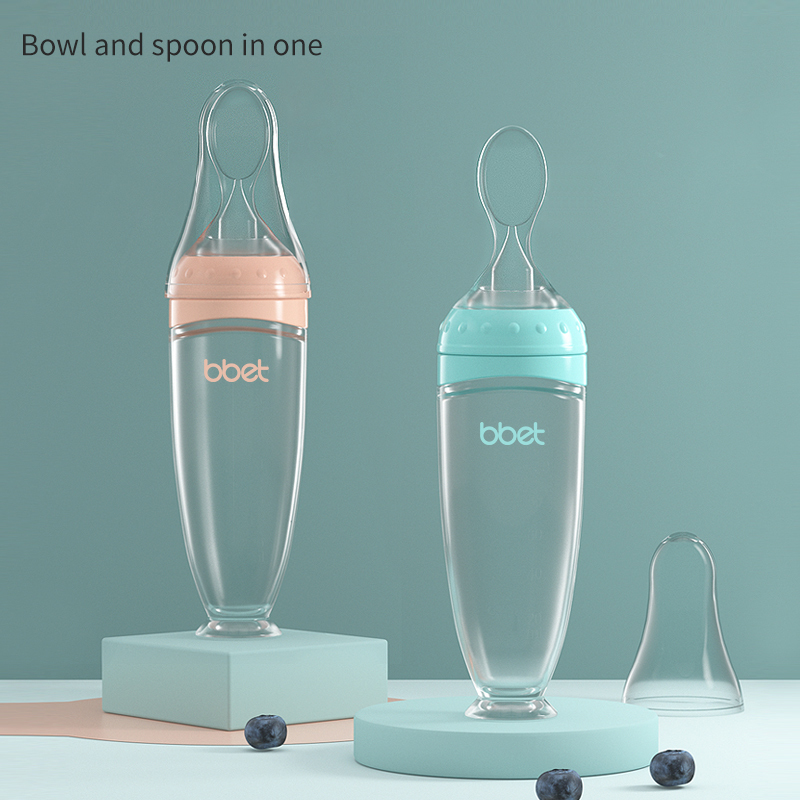 One handed feeding tool baby food feeder with standing base 2 in 1 soft silicone squeeze feeding spoon with replacement nipple