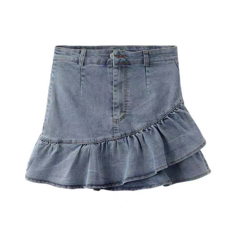 Denim Womens Skirts Others Ruffles Breathable A-line Skirt