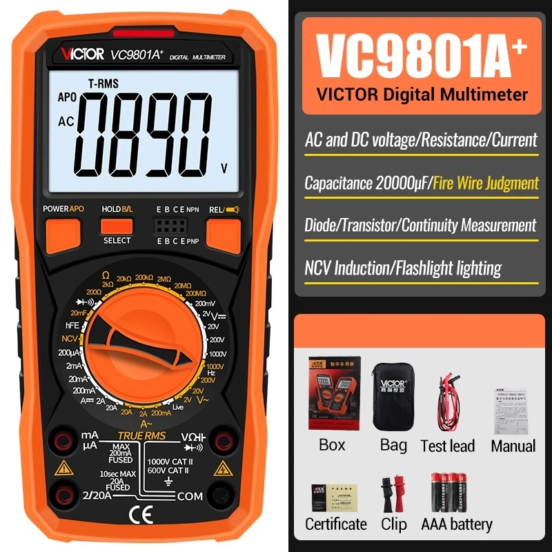 Цифровой мультиметр VC9801A +, вольтметр с функцией True RMS, сопротивление переменного/постоянного тока, емкости, диодный транзистор, амперметр, ЖК-дисплей с подсветкой
