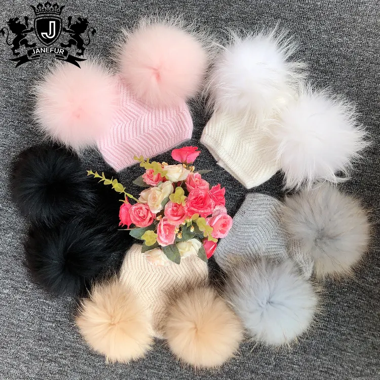 Colorful Baby Cute angora Beanie hat with two fur pompons solid color knitted baby beanie kids pom pom hat