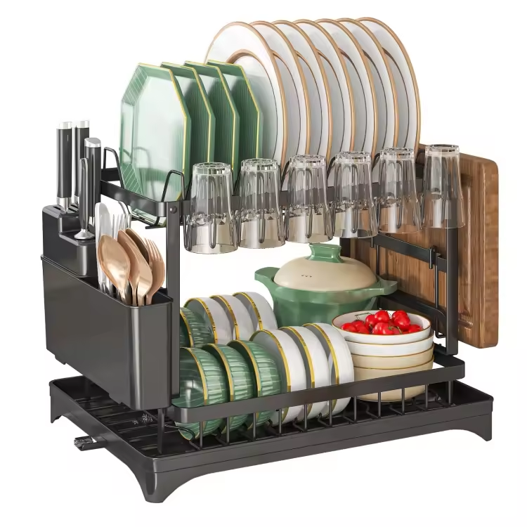 2-Tier Rustproof Dish Drying Rack with Drainboard Kitchen Storage Holder for Organizing Utensils and Dishes