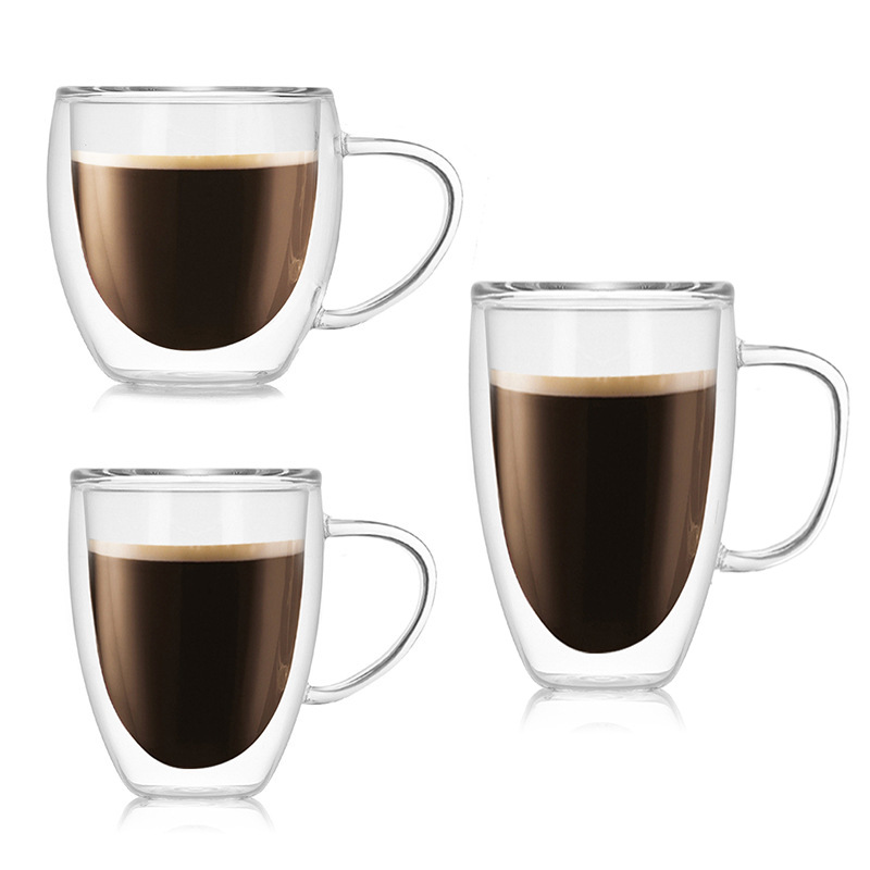 150ml 250ml 350ml 450ml Handblown elegant reusable double wall glass coffee cup with handle