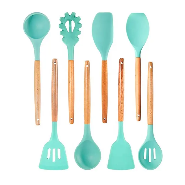 8pcs Green Natural Beech Wooden Silicone Kitchen Utensils Set - Silicone Utensil Cooking Set