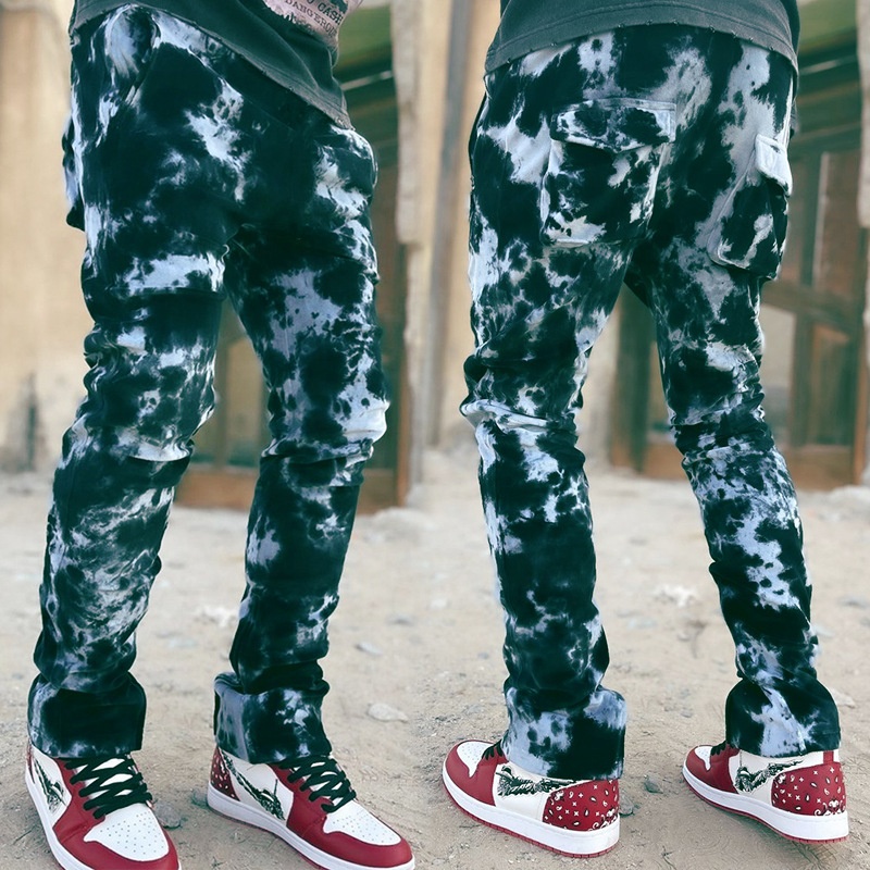KX-8863 Street fashion custom plus size jean trousers stylish tie dye stacked denim pants skinny jeans men