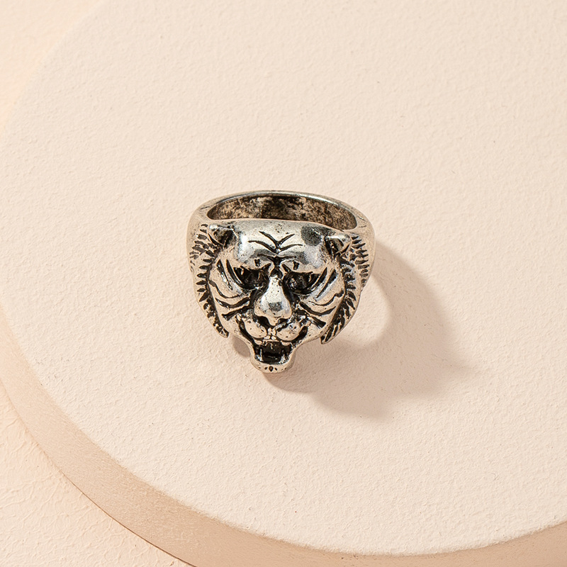 European Punk Style Mottle Tiger Head Finger Ring Alloy Creative Animal King Tiger Band Ring For Men