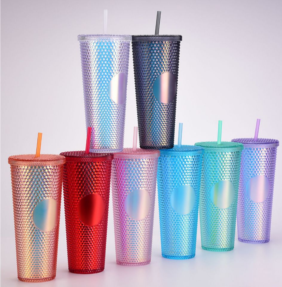 New 22oz Plastic Coffee Double Layer Plastic Straw Durian Cup Bright Diamond muti color Crystal Studded Tumbler Mug with Straw