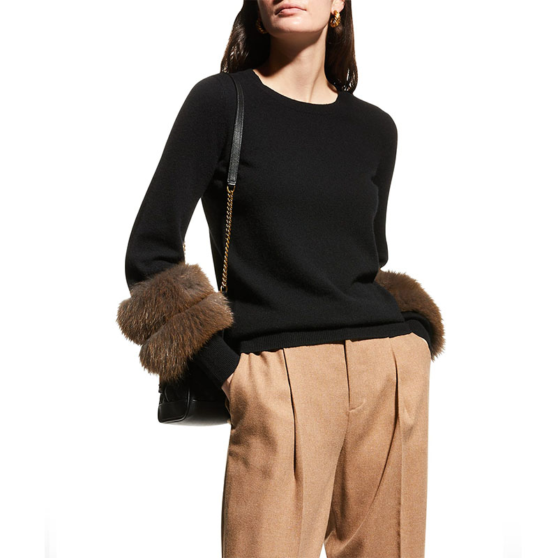 Fur-cuff cashmere crewneck sweater relaxed silhouette pullover style jumper sweater