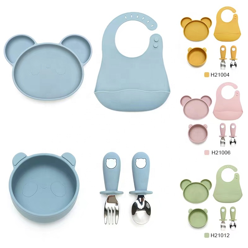 ODM Non-slip Suction Baby feeding Set Baby Suction Bowl Plate Sippy Cup Bib Spoon Silicone Baby feeding Set For Kids Dining