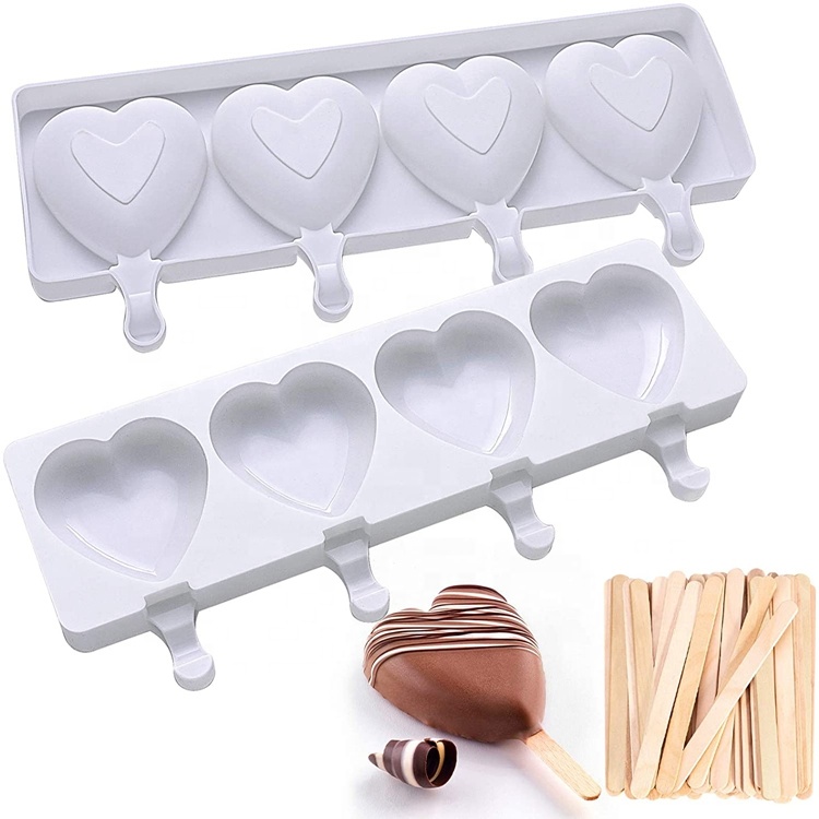 OKSILICONE силиконовая форма в форме сердца для мороженого, 4 полости, формы для домашнего льда с 50 Деревянными Палочками