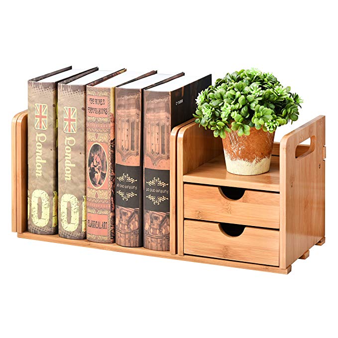 2-Drawer Natural Bamboo Wood Desk Organizer Expandable Bookshelf