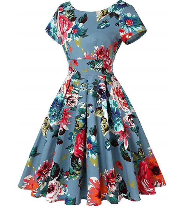 Women Retro Vintage Floral Print Short Sleeve Boat Neck Swing Casual Dress