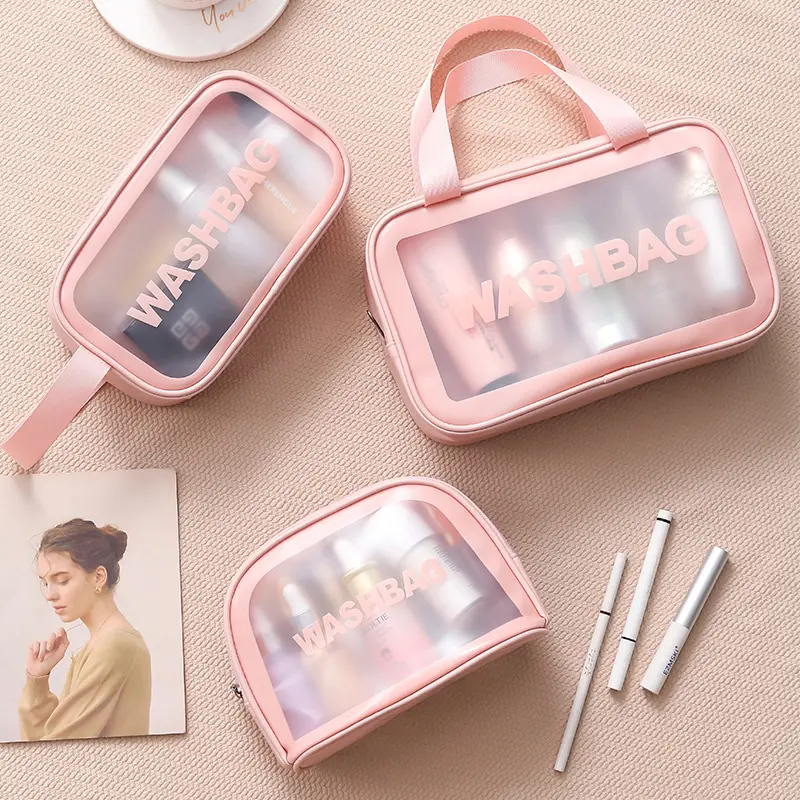 Customized logo pink PU PVC cosmetic makeup pouch for women zipper wash bath bag