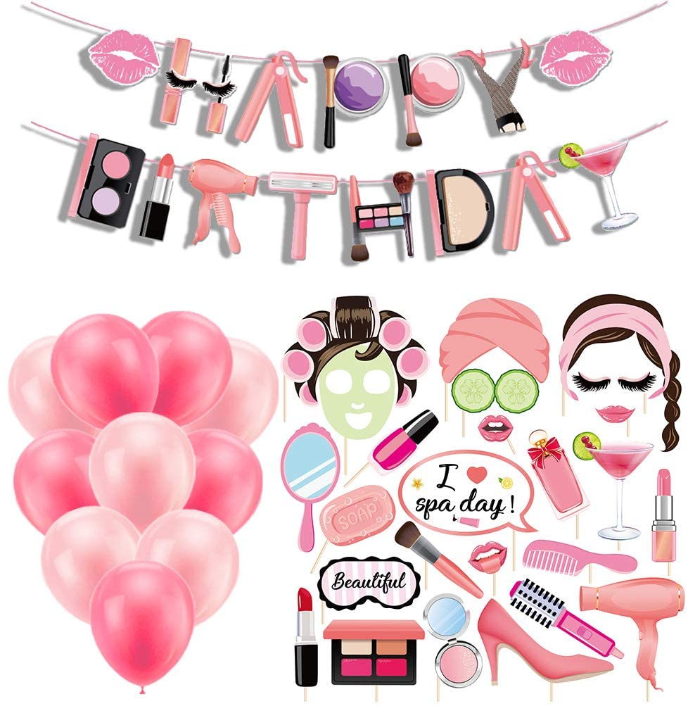 46pcs Makeup Theme Party Decorations Supplies Happy Birthday Banner And Photo Props Balloons For Makeup girl
