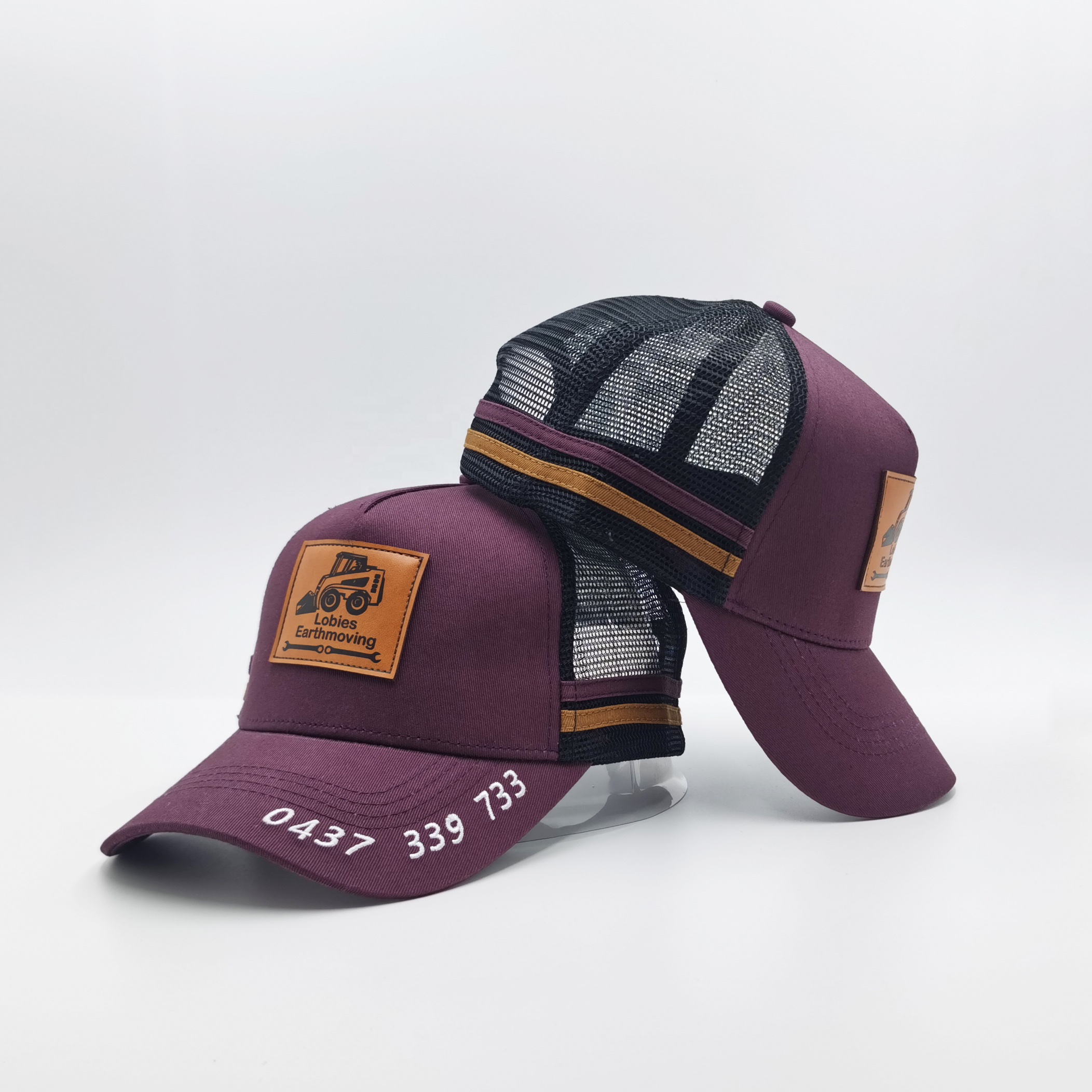 High Quality Custom Cotton A Frame Leather Patch Logo Mesh Trucker Hat Structured 5 Panel Baseball Trucker Cap With Embroidery