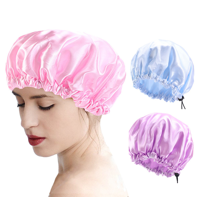 Wholesale Adjustable Double Layer Bathing Hat Satin Shower Cap Waterproof Bonnet