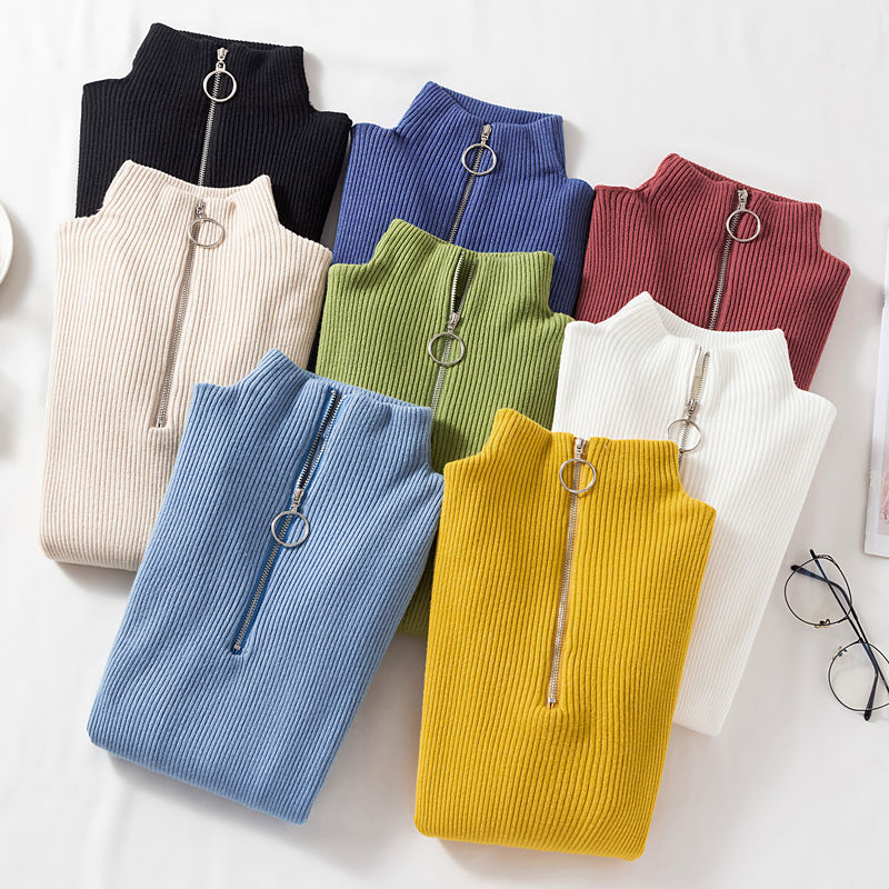 Dropshipping Custom Winter Knit Turtleneck Designer High Neck Half Zipper Pullover Custom Sweater Women'S Sweaters
