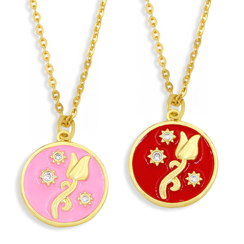 High quality 18k gold plated rose flower necklace jewelry luxury zircon round pendant necklace for women