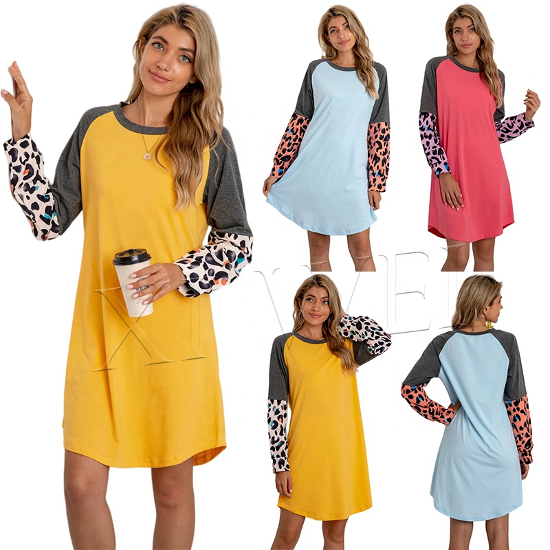 Custom autumn hot sale women's knit plus size T-shirt dress leopard print patchwork casual home dress for women