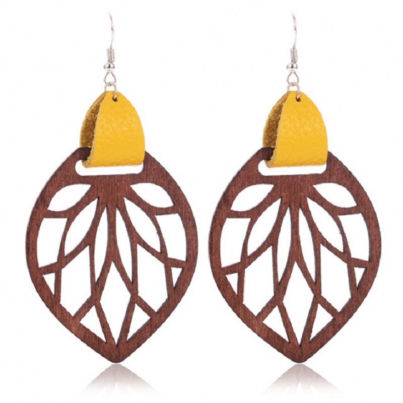Genuine Leather Wood Flower Pattern Hollow Out Wood Hoop Earrings Leaf Shape Geometry Vintage Bohemian Resort