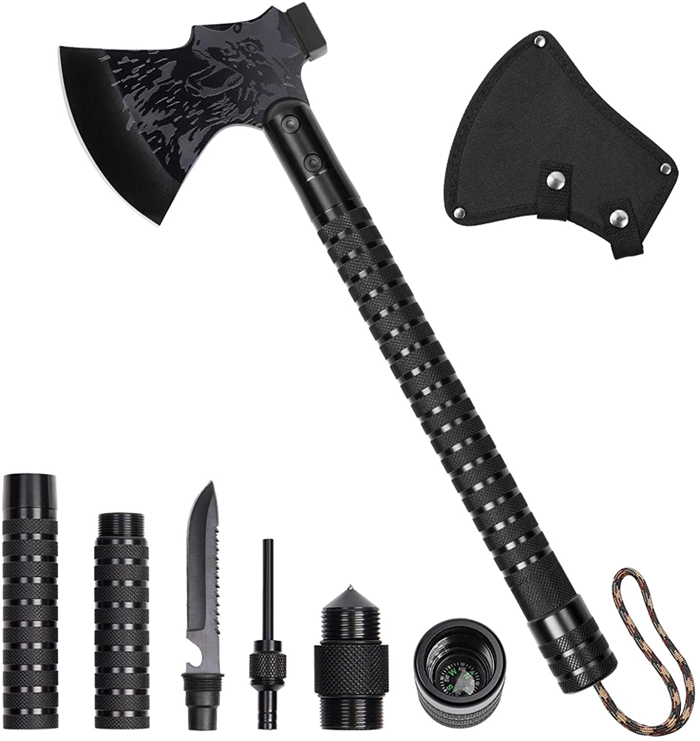 Survival Camping Axe, Folding Tactical Axe Hatchet with Hammer, Nylon Sheath for Outdoor Adventures