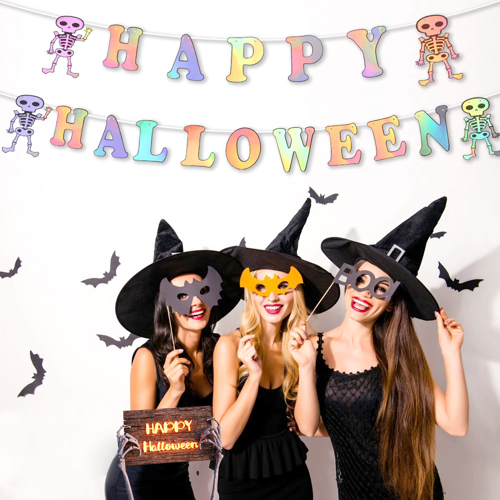 Stock Holographic Halloween Sign Iridescent White Hanging Banner Bunting String Flag Garland party christmas birthday halloween