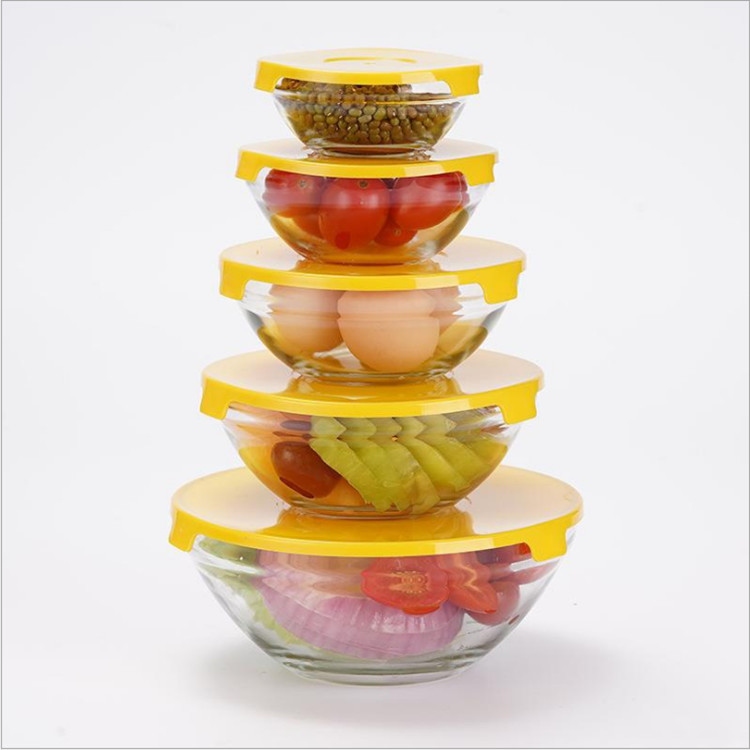 5pcs Hot Sale eco friendly Round Home Clear Heat Resistant With Lid Fruit Salad Food Glass Bowl Set