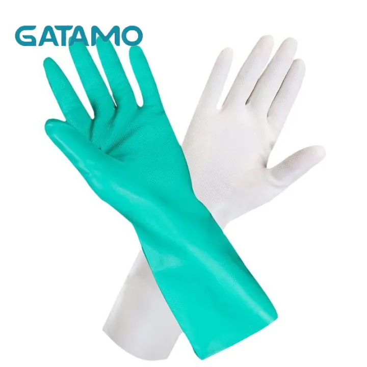 GLIN1 Chemical resistant protection hand gloves household kitchen cleaning dish washing long green rubber latex nitrile gloves