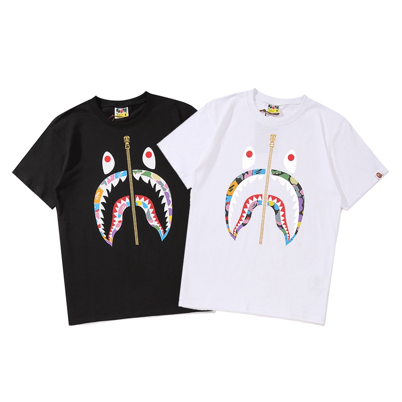 Мужская классическая футболка BAPE из 100% хлопка с принтом Головы Акулы и золотистой молнией и круглым вырезом
