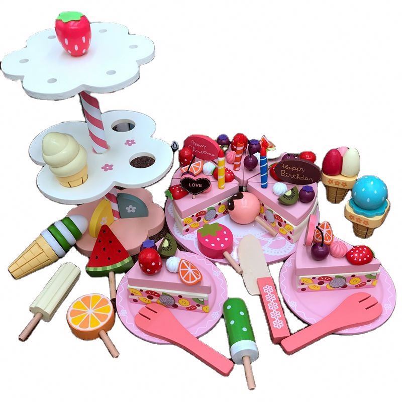 Happy Cut Toy Double Layer Cake + Ice Cream Tree Play House Little Princess Toy Girl Birthday Simulation Cake Toy Hot Wood RM