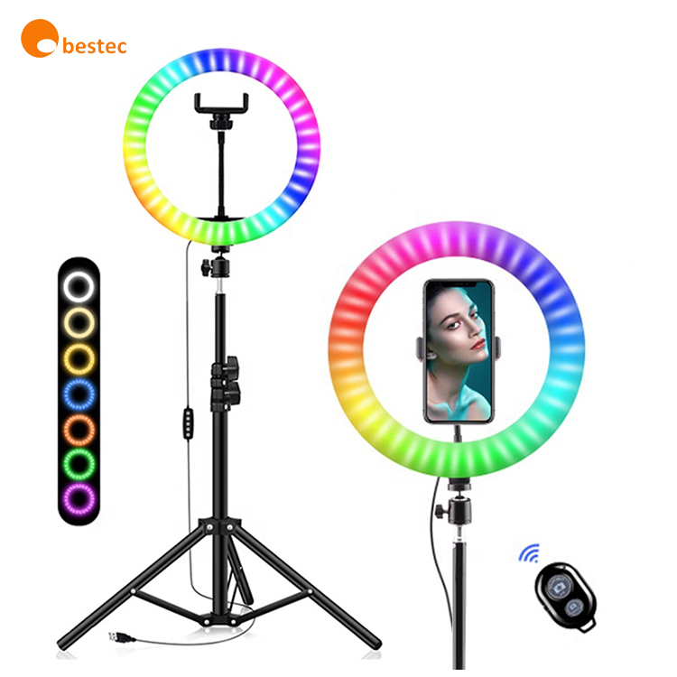 Obestec 14 Colors With Remote Tripod Stand Phone Holder Selfie 10 Inch Rainbow RGB LED Ring Light