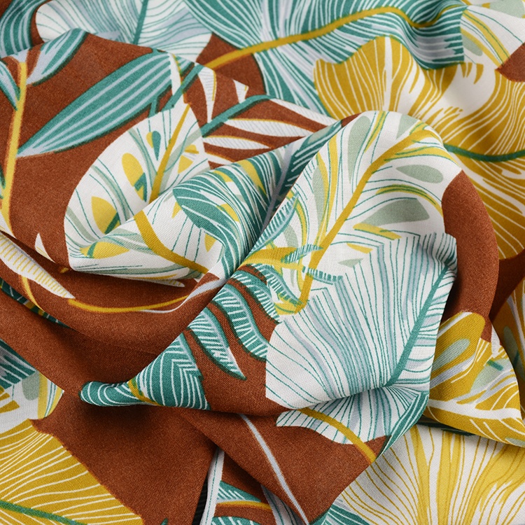 New fashion personalized super soft woven leaf style tropical print 100 rayon fabric for women dress