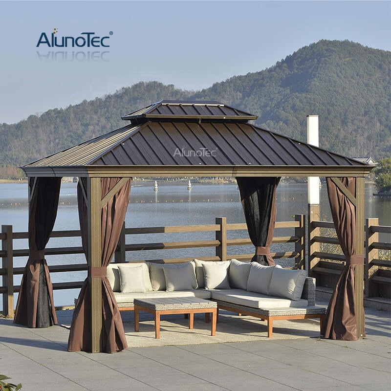 Factory Wholesale Outdoor House Galvanized Steel Roof Aluminum Gazebo Pavilion with Red Curtains