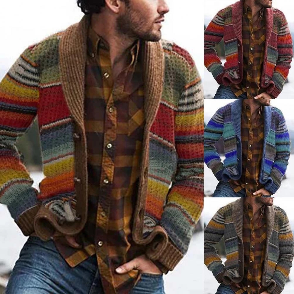 Men Autumn Winter Open Front Cardigan Stripes Long Sleeve Knitted Coat Jacket