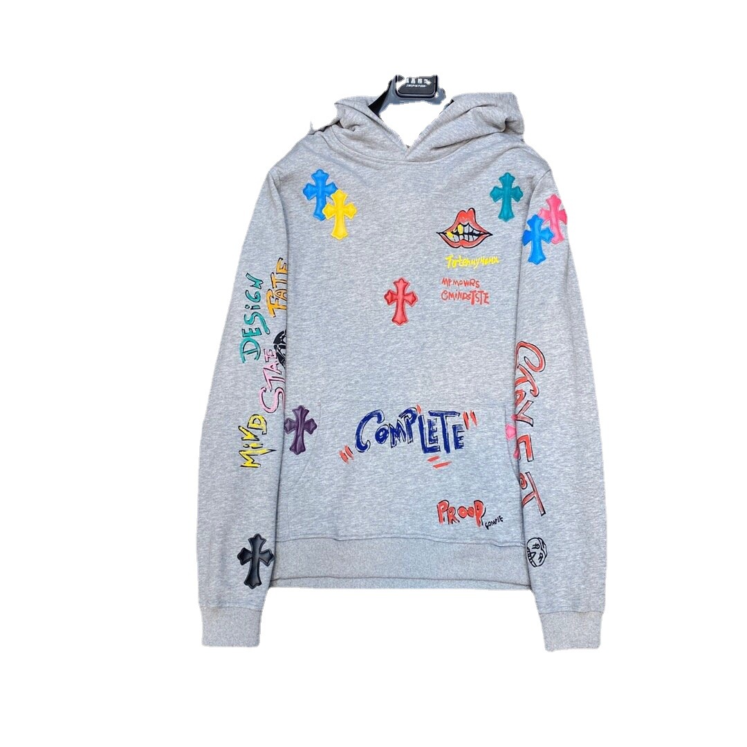 2024 Classic Hearts Chrome Correct Edition Colourful Cross Patchwork Leather Sanskrit Hand Painted Graffiti Sweatshirt