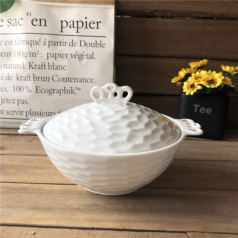 Последний дизайн керамические тисненые миски суп tureen с двумя ручками