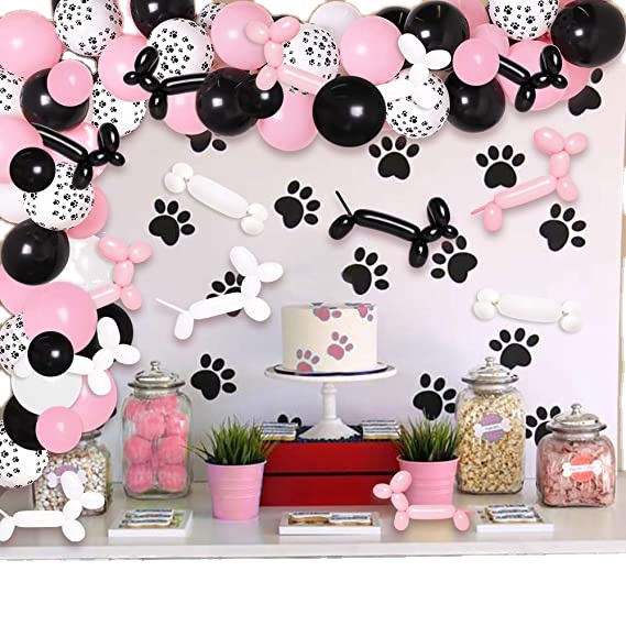 Pet Dog Theme Party Balloon Decoration Pink Black White Dog Paw Pattern Balloon Garland Arch Kit For Birthday Party