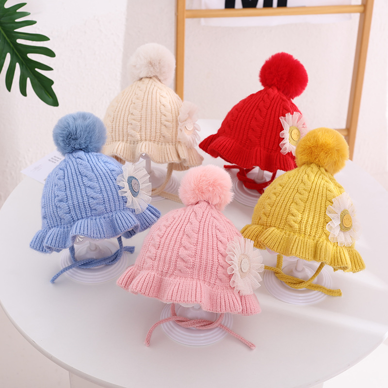 New winter Korean minimalist cartoon knit hat for baby flower woolen ball baby hats