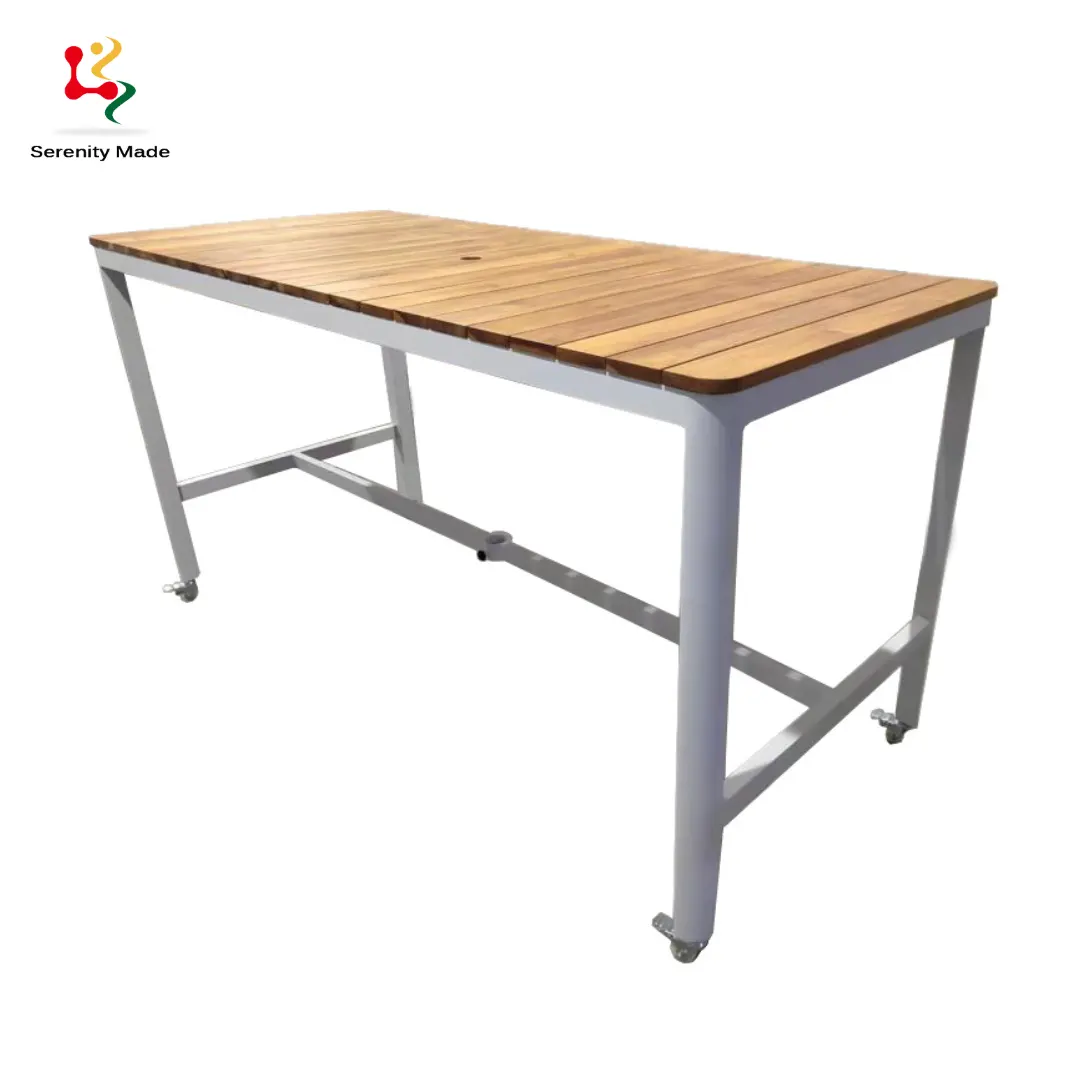 Solid Oak Wood With Slat Up Stable Iron Powder Coated Feet Outdoor Side Table Long Bar Table