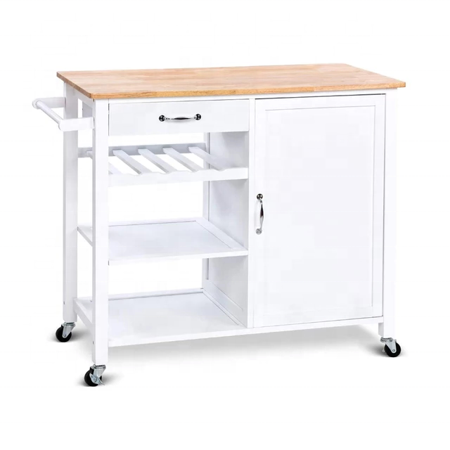 Low MOQ Cream Color Wooden Beige Kitchen Trolley Cart With Wine Bottle Storage Cabinet Drawers
