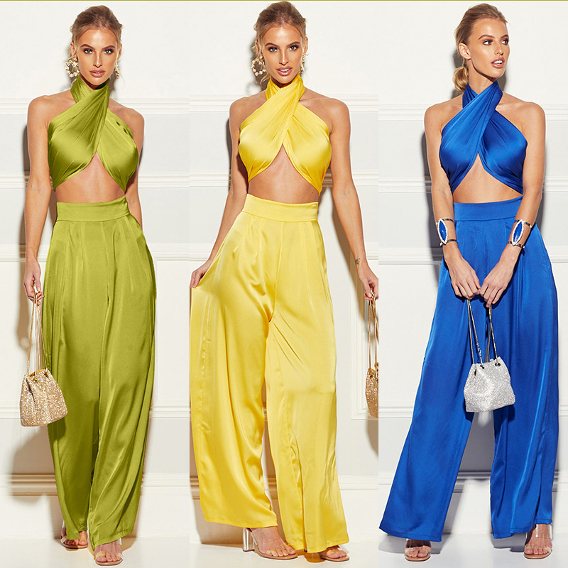 Wholesale Sleeveless Cropped Hang Neck Wide Leg Jumpsuit Elegant Women Backless Jumpsuit