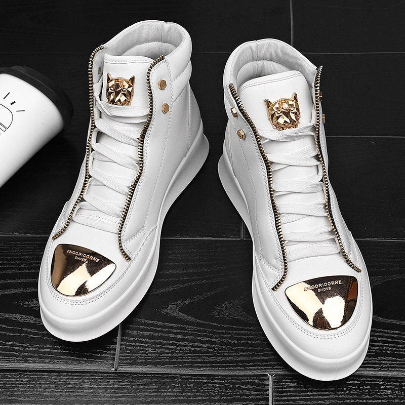 Wholesale custom fashion metal zipper men's shoes Korean version casual high-top sneakers thick-soled sports shoes
