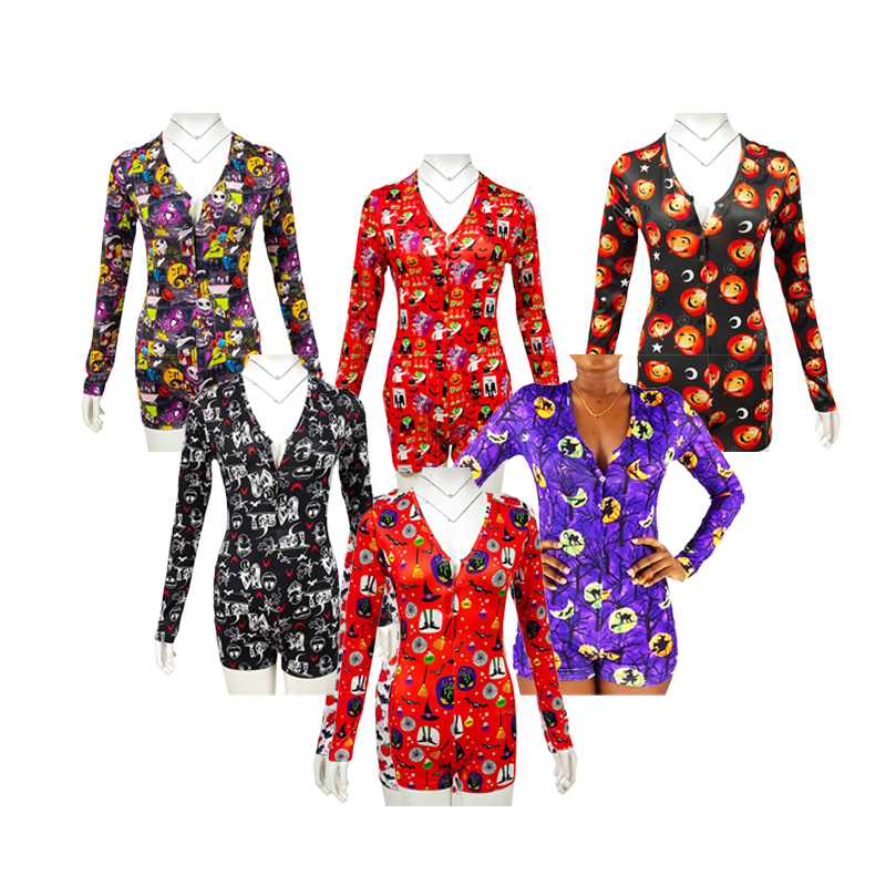 KKVVSS ML20164 Halloween bodycon bodysuit onsies sexy women pajamas festival printing nightwear for adult girls