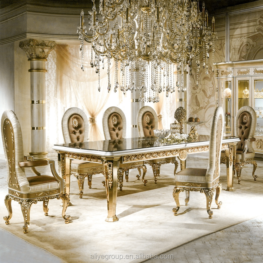 GDM014-luxury столовый гарнитур из роскошный обеденный стол из цельного дерева с покрытыем цвета чистого 24 каратного золота