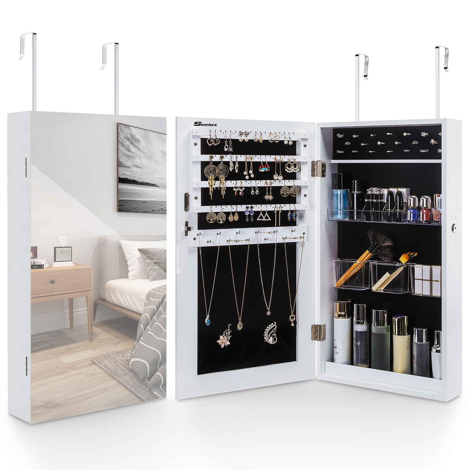 Door hanging mirror jewelry cabinet organizer adjustable jewelry cabinet mirror