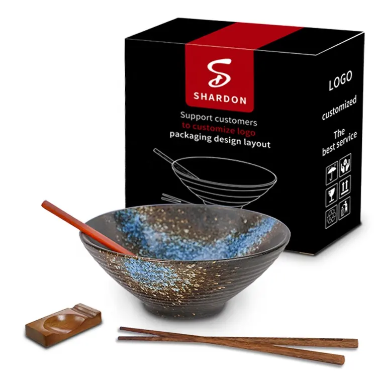 Popular Rustic Style Ceramic 7 / 8 / 9 Inch Round Bowl Set / Porcelain Japanese Ramen Noddle Bowl with Spoon chopsticks