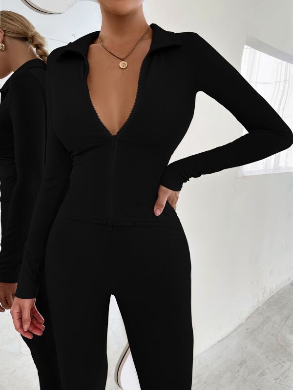 Winter Women Tight-Fitting Top And Trousers Sexy Slim Fit Zip Two-Piece Zip Up Top   Leggings Outfits Set