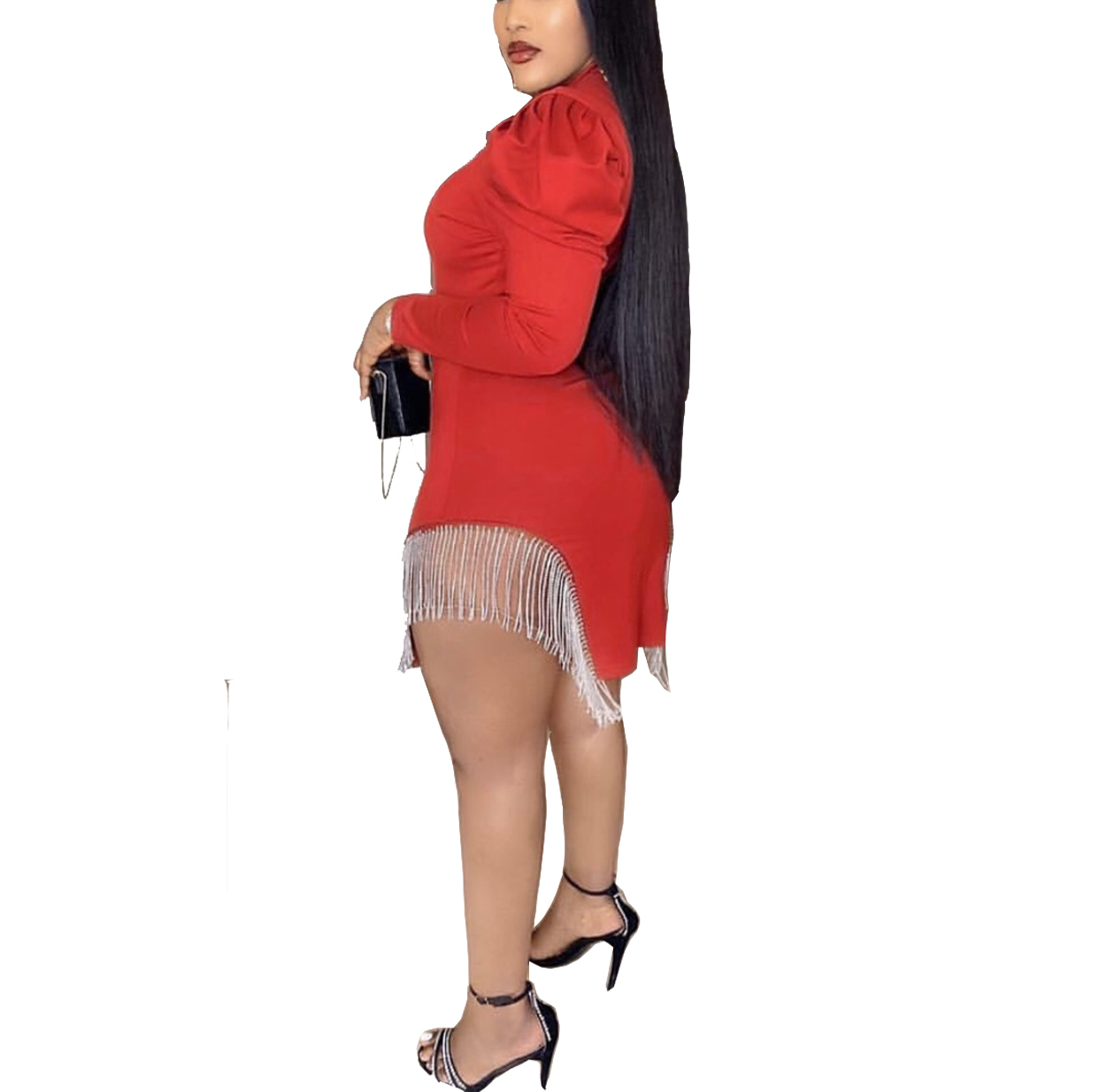Hot Style Crew-Neck Plus Size Solid Color Red Patchwork Long Sleeve Street Wear Dresses Women Bodycon Lady Elegant Summer Casual